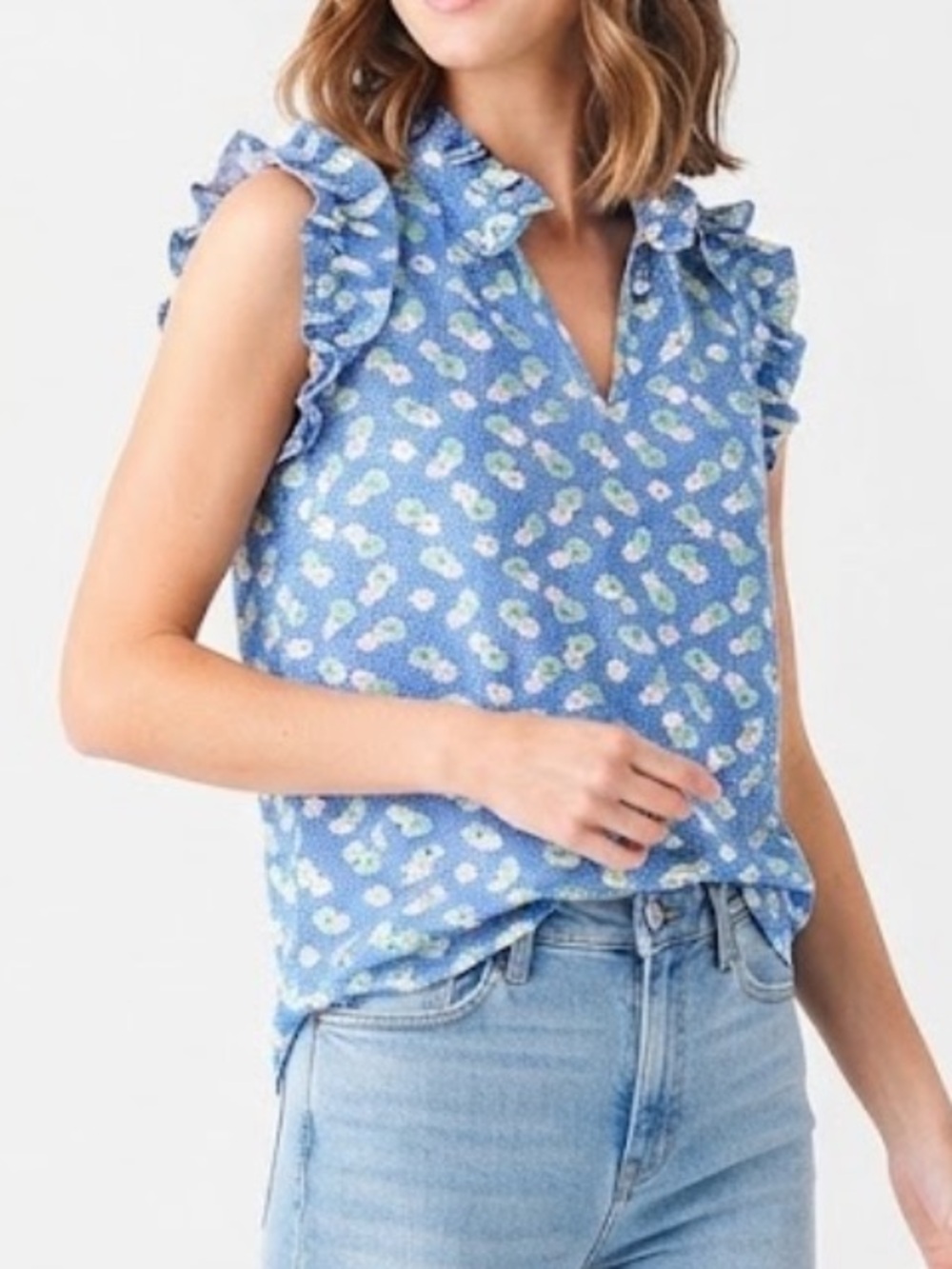 Entro Women’s Blue Floral Ruffle Cap-Sleeve Blouse Size Large